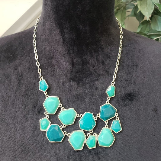 Charming Green & Gold Faceted Tile Geometric Bib Turquoise Necklace