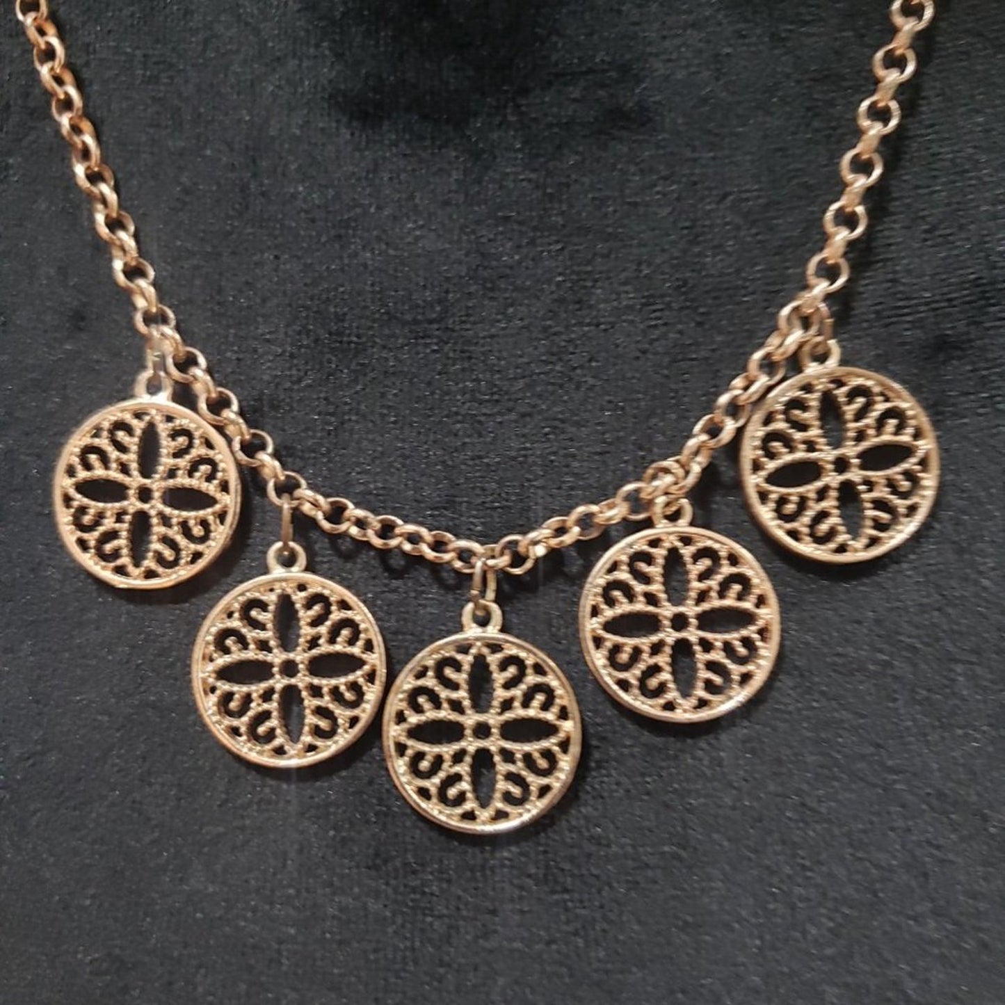 Womens Graduated Filigree Floral Disc Charm Statement Necklace w/ Lobster Clasp