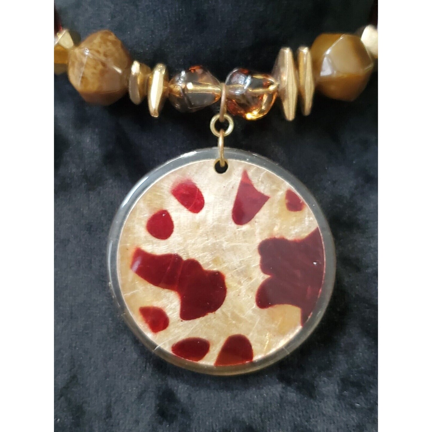 Faux Tortoise Choker, Gold and Red Statement Necklace, Animal Print Necklace