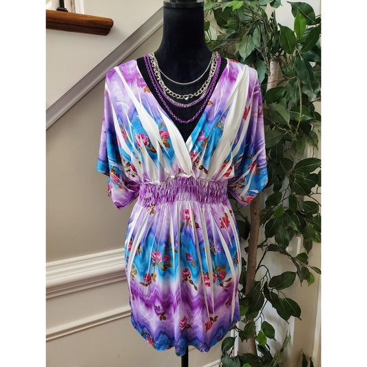 Simply Irresistible Floral Multicolor Polyester V-Neck Short Sleeve Top Blouse L
