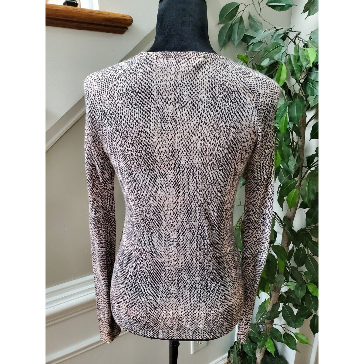 Loft Women Animal Print Beige & Black Ramie Long Sleeve Button Front Cardigan XS