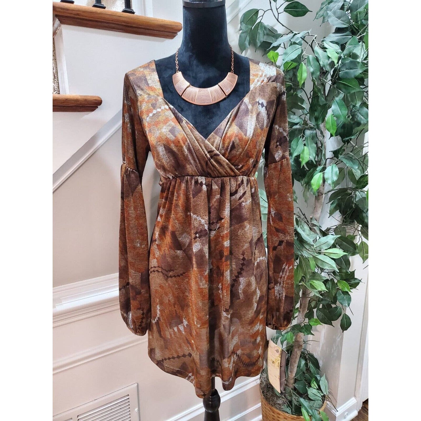 Lapis Women's Brown Polyester V-Neck Long Sleeve Knee Length Dress Size Large