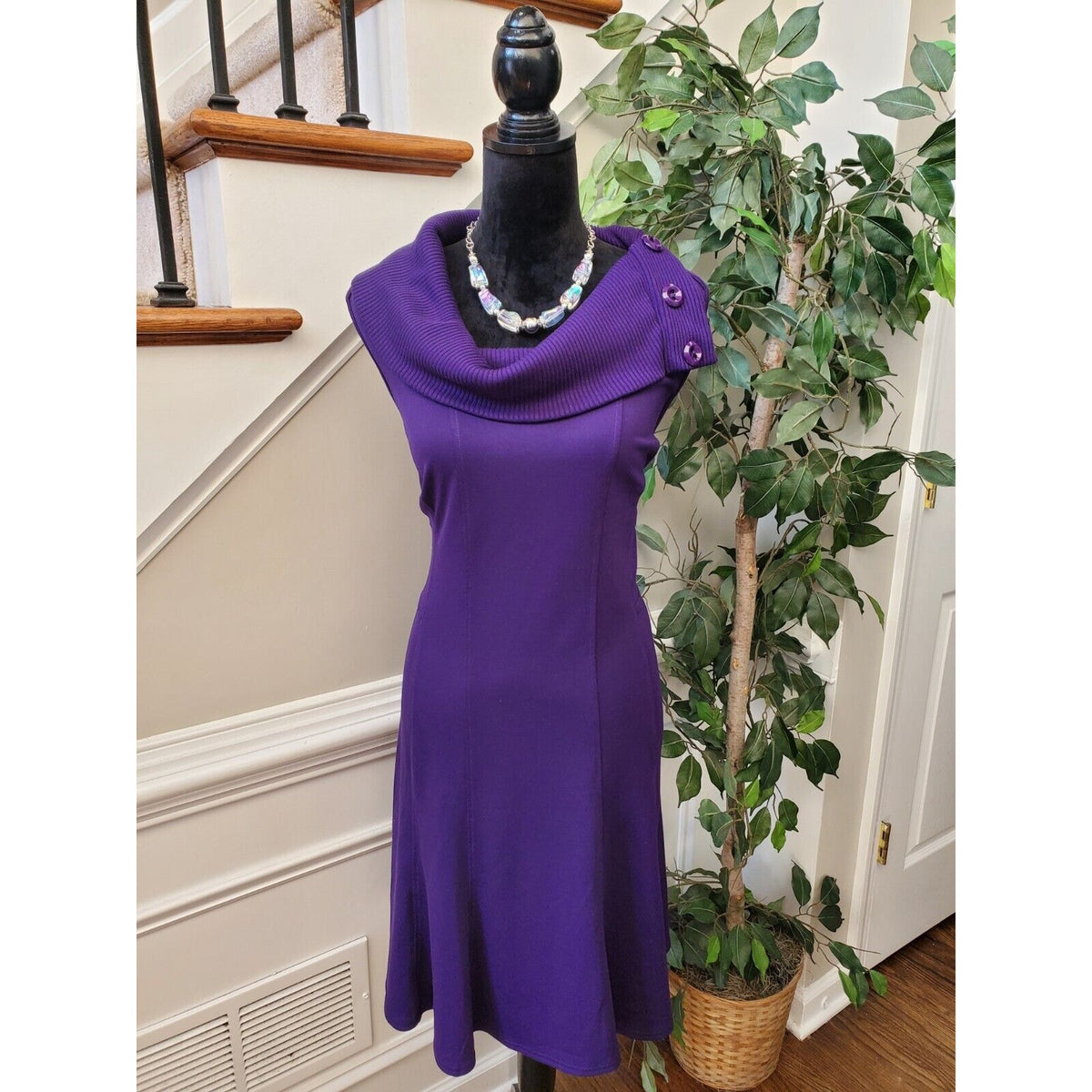 Spense Women's Purple Solid Polyester Cowl Neck Sleeveless Knee Length Dress 14