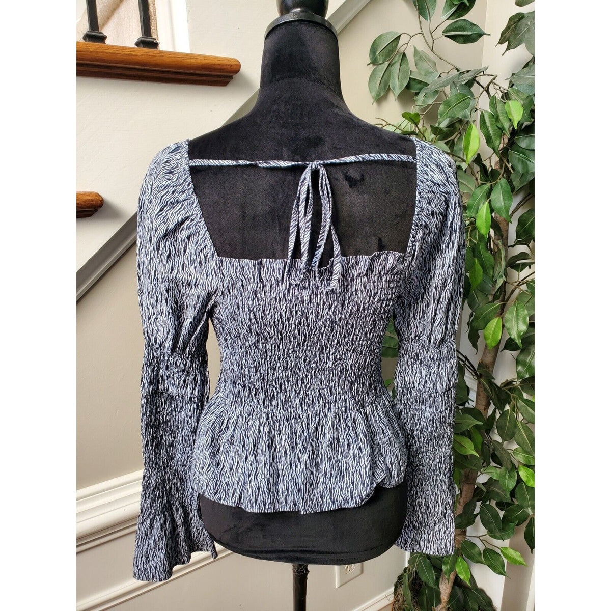 Top Shop Women Gray 100% Cotton Square Neck Long Sleeve Casual Top Blouse Size 4