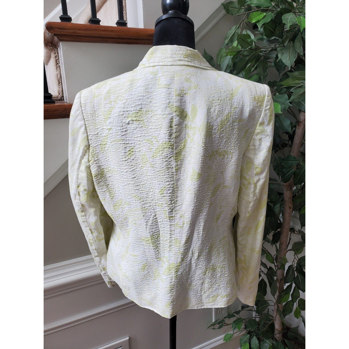 Style & Co Women White Floral Linen Long Sleeve Single Breasted Blazer Jacket 14