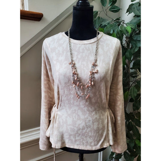 Fab'rik Women's Beige Polyester Round Neck Long Sleeve Casual Top Blouse Size M