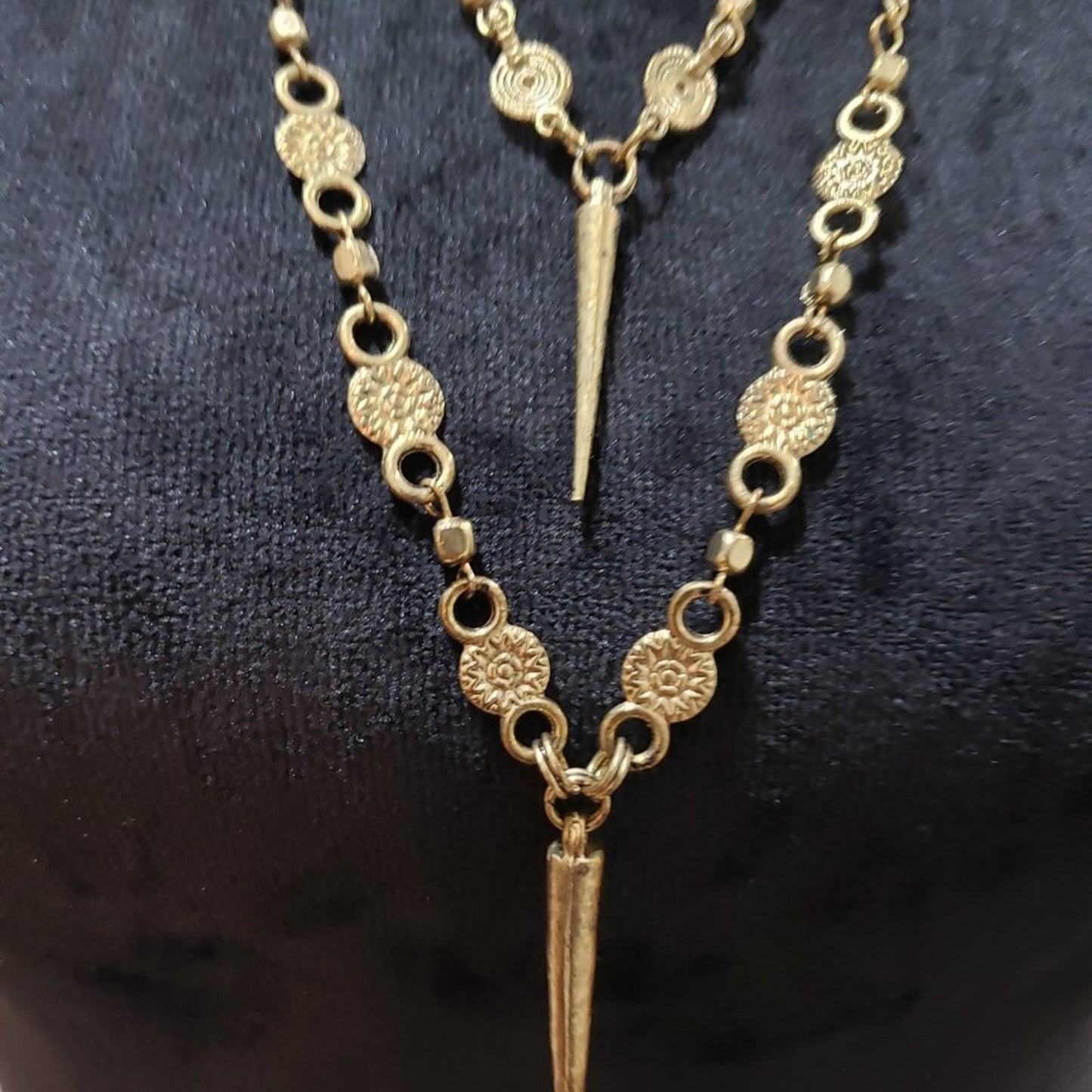 Women Gold Tone Multi-layer Chain Pendant Necklace Adorned w/ Metal Charm Tassel