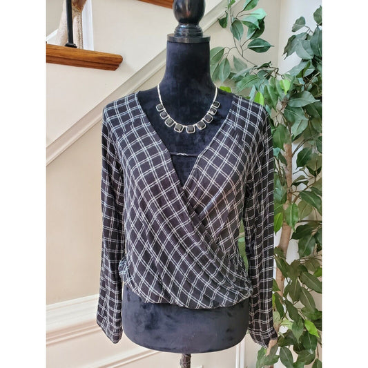 Urban Outfitters Black Blouse Plaid White Faux Wrap Open Front Cut Out Small