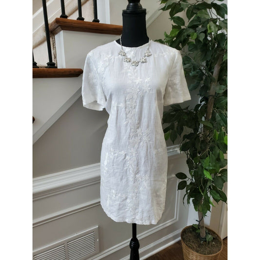 Zara Women's White 100% Polyester Crew Neck ShortSleeve KneeLength Dress Size M