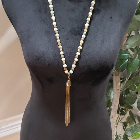 Womens Fashion Gemstone Gold Tone Beads Tassel Fringe Necklace with Lobster