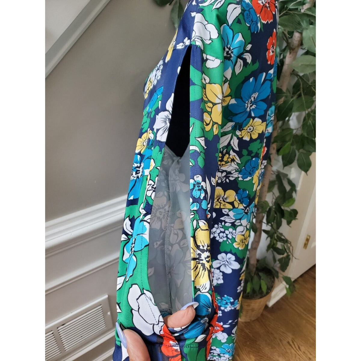 Women's Blue Floral Polyester Round Neck Long Sleeve Casual Knee Length Dress M