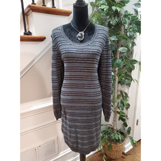 Lane Bryant Womens Gray Black Striped Cotton Long Sleeve Knee Length Dress 14/16