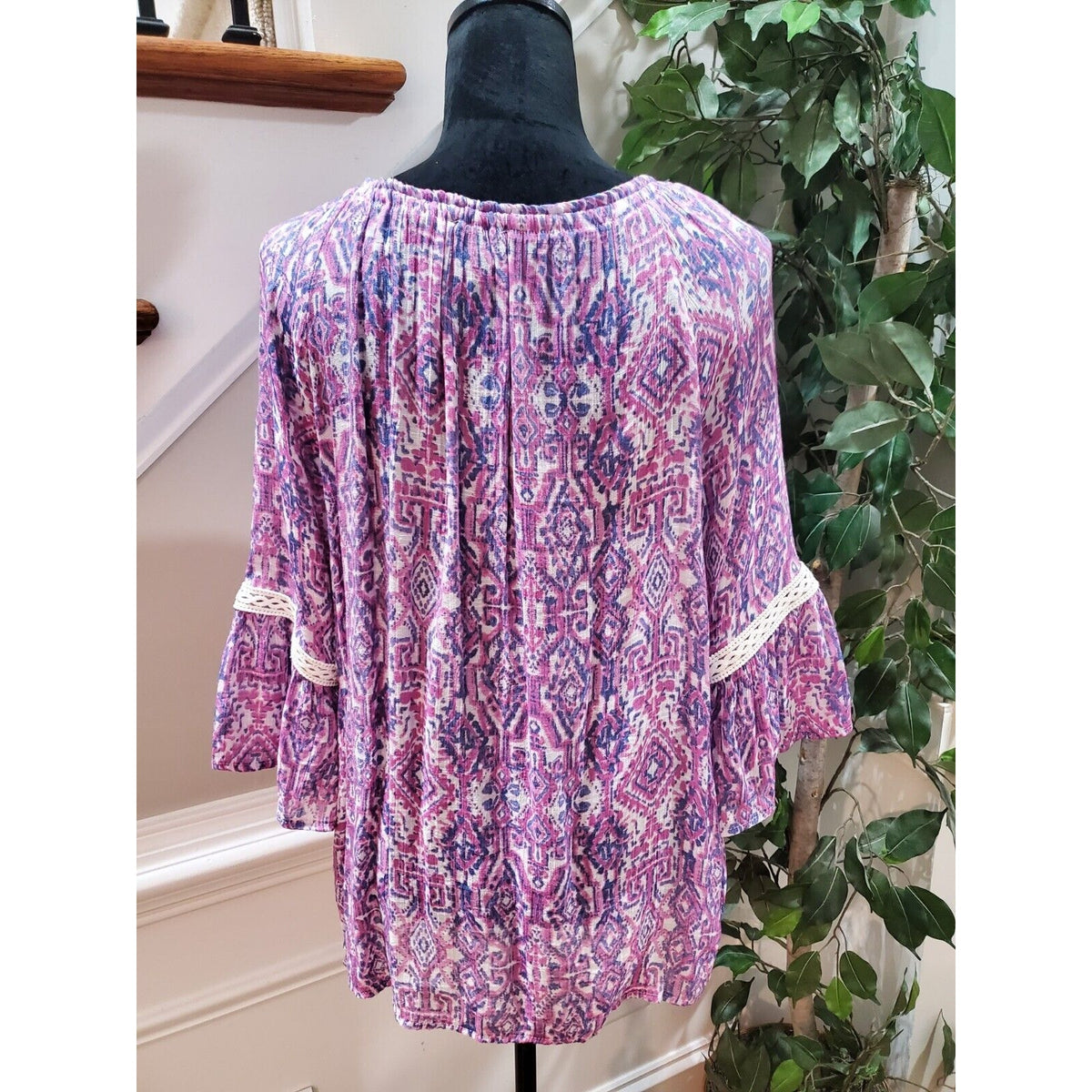 New Directions Women Purple Polyester V-Neck Long Sleeve Casual Top Blouse Large
