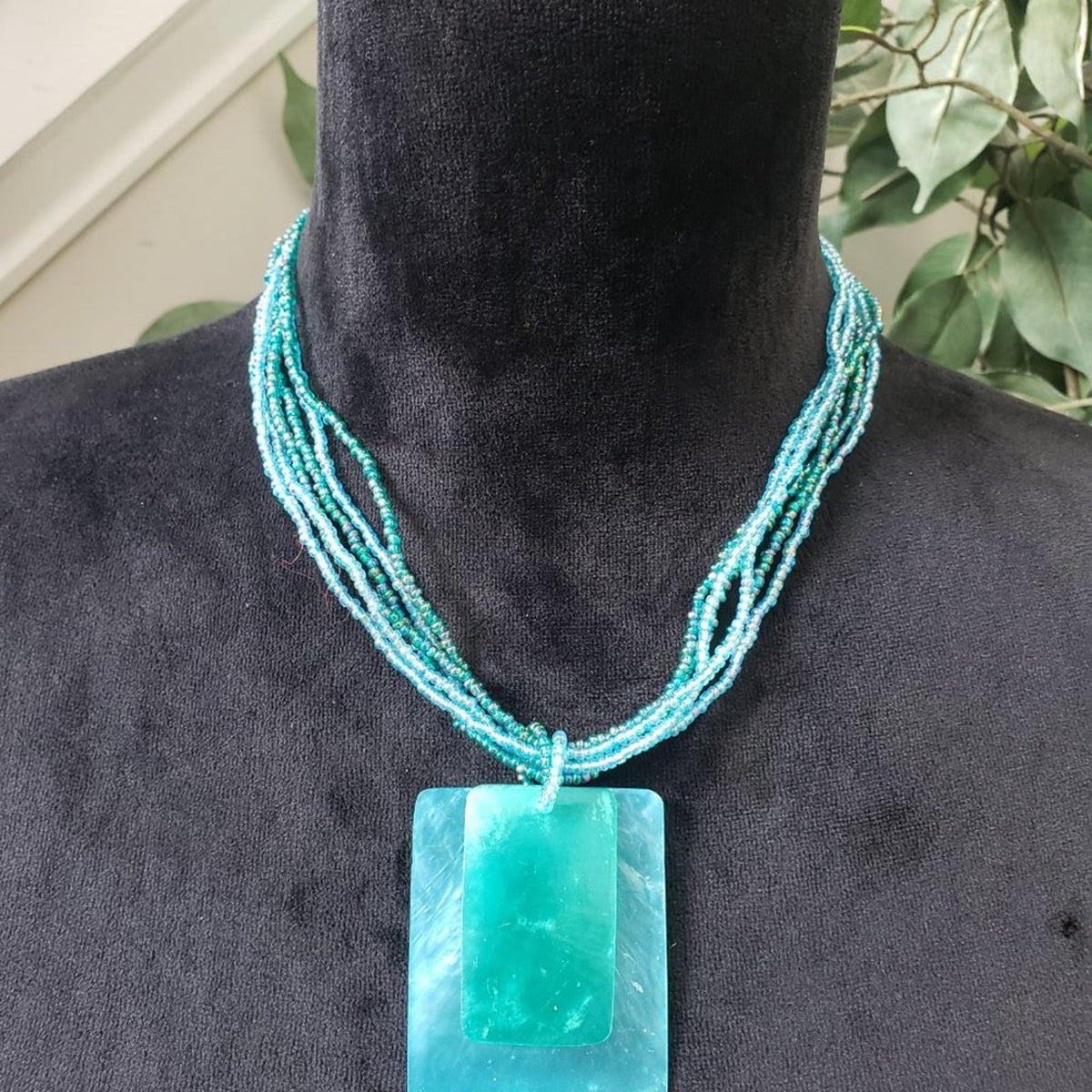 Womens Beaded Green Acrylic Rectangular Shape Pendant Necklace with Lobster
