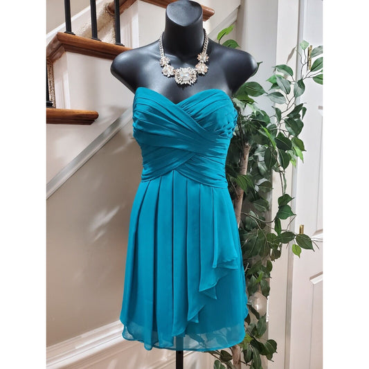 David's Bridal Teal Draped Solid Polyester Off The Shoulder Knee Length Dress 6