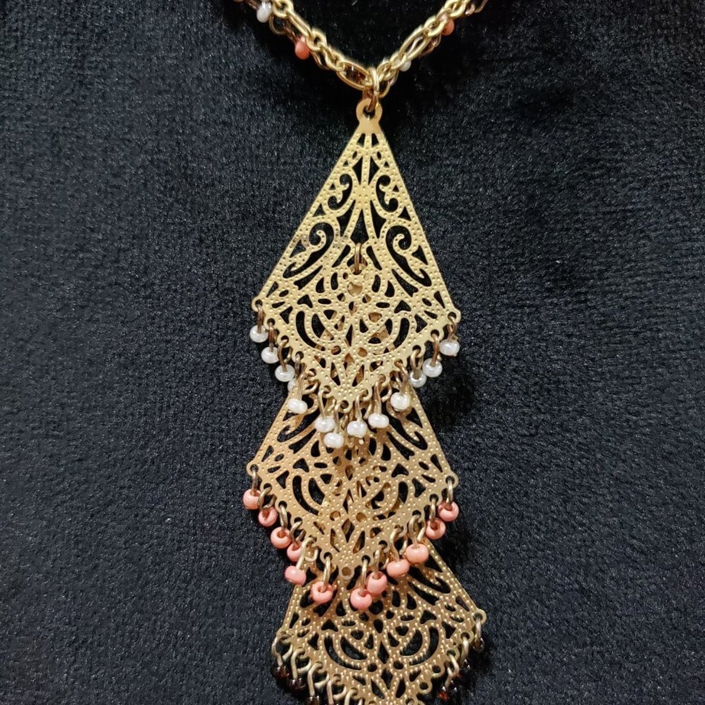 Womens Fashion Gold Tone Filigree Diamond Shape Beaded Necklace with Lobster