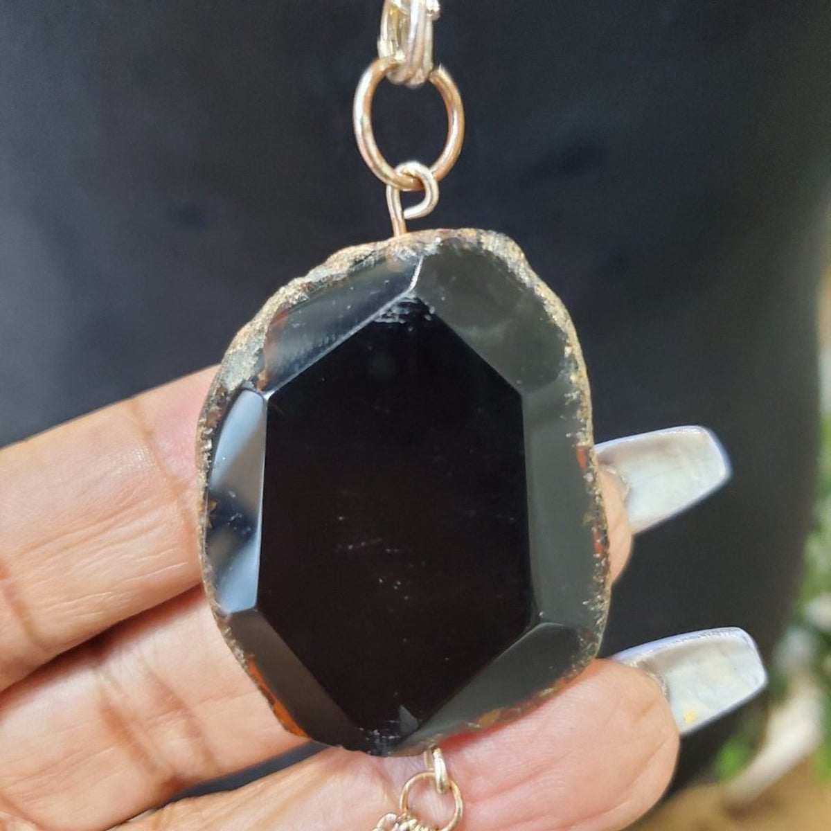 Women's Black Gemstone with Lobster Clasp Long Necklace