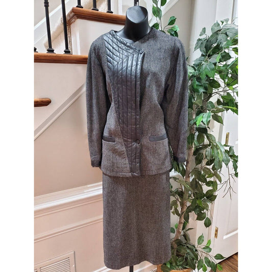Vintage ONNA Collection Gray Wool Single Breasted Blazer & Skirt 2 Pc's Suit M