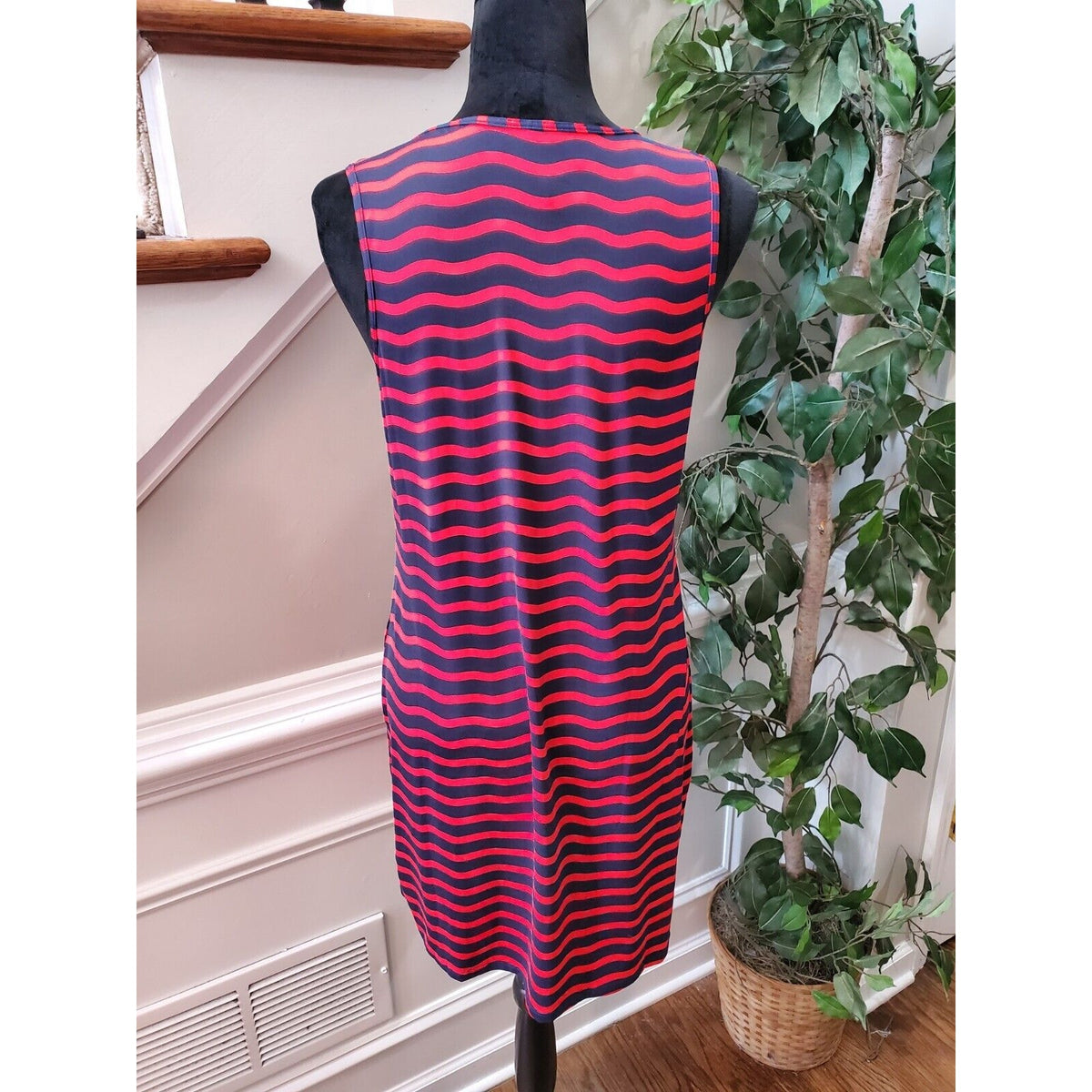 Tommy Bahama Red Navy Blue Sea Swell Split Neck Spa Dress Tassel Ties Size Small