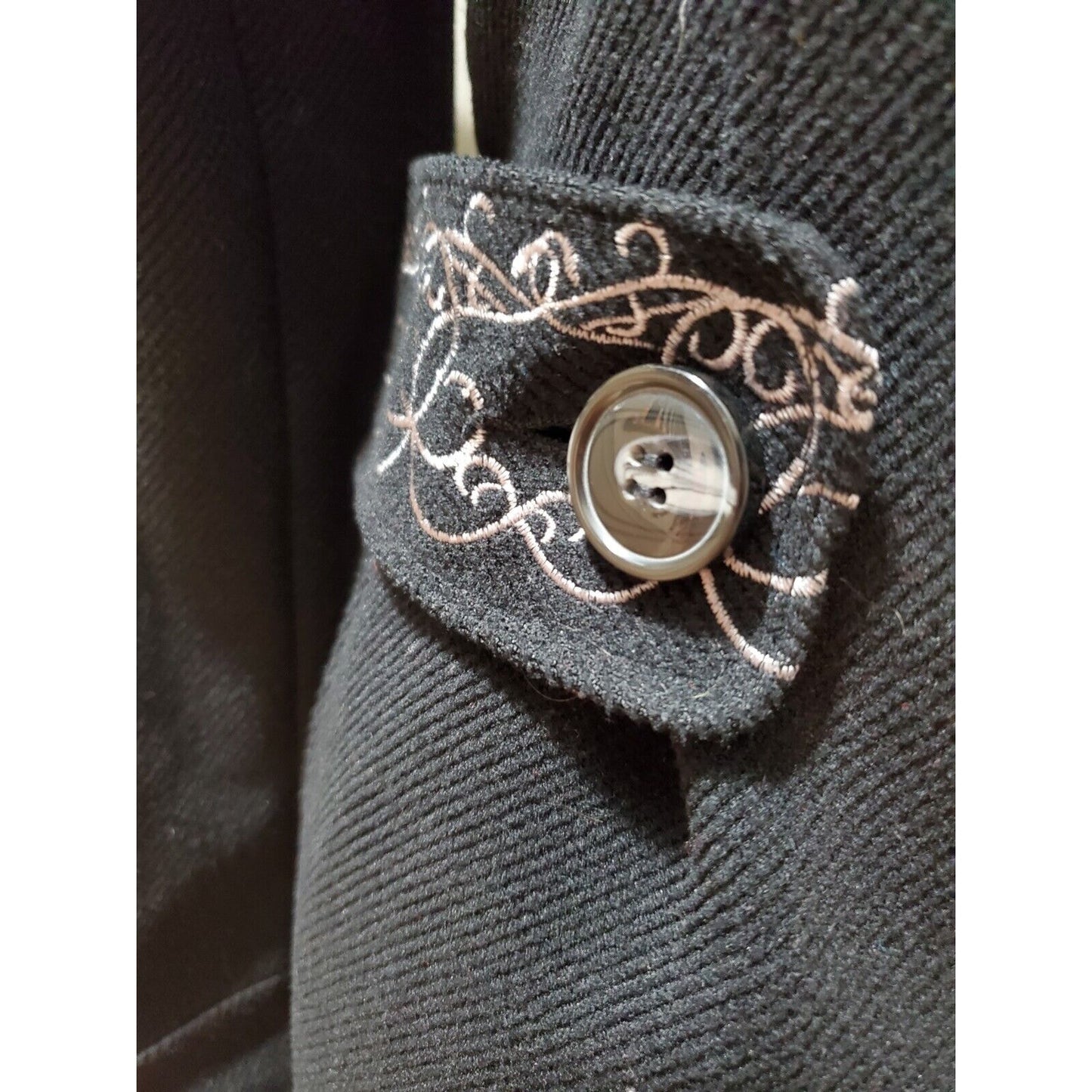 Green Dragon Paisley Embroidered Black Long Sleeve Buttons Front Casual Coat M