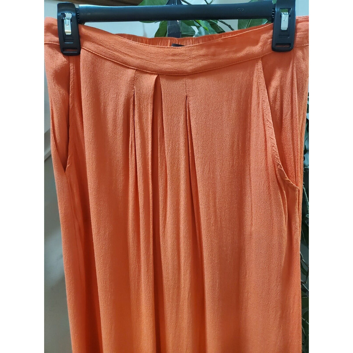 Women's Orange Solid Rayon Side Pockets & Elastic Waist Long Skirt Size Small