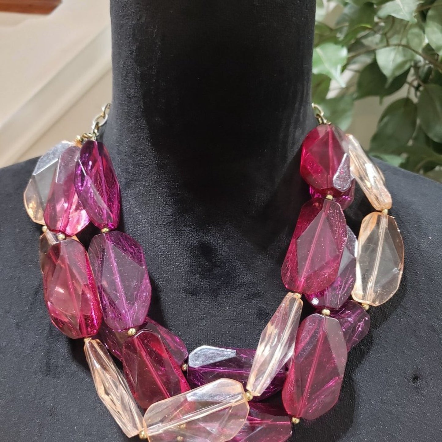 Womens Large Triple Strand Light Pink & Purple Statement Necklace