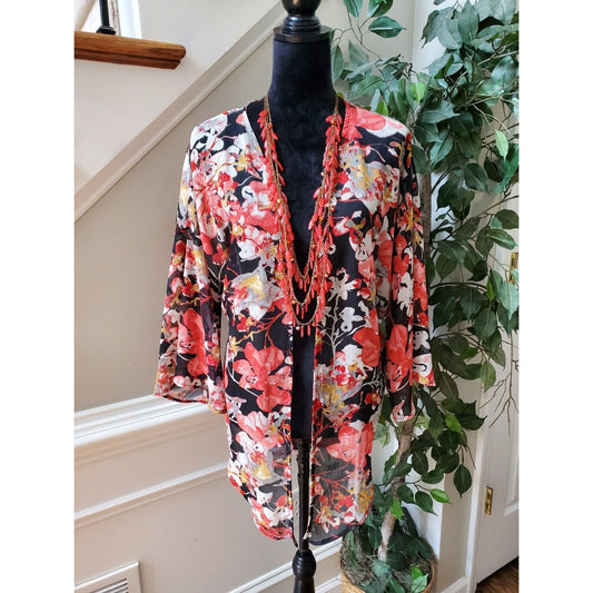 Peach Love Women's Floral Polyester Long Sleeve Open Front Sheer Kimono Large
