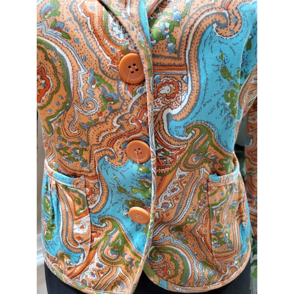 A.M.I. Women's Multicolor Paisley Cotton Single Breasted Blazer Jacket Petite M