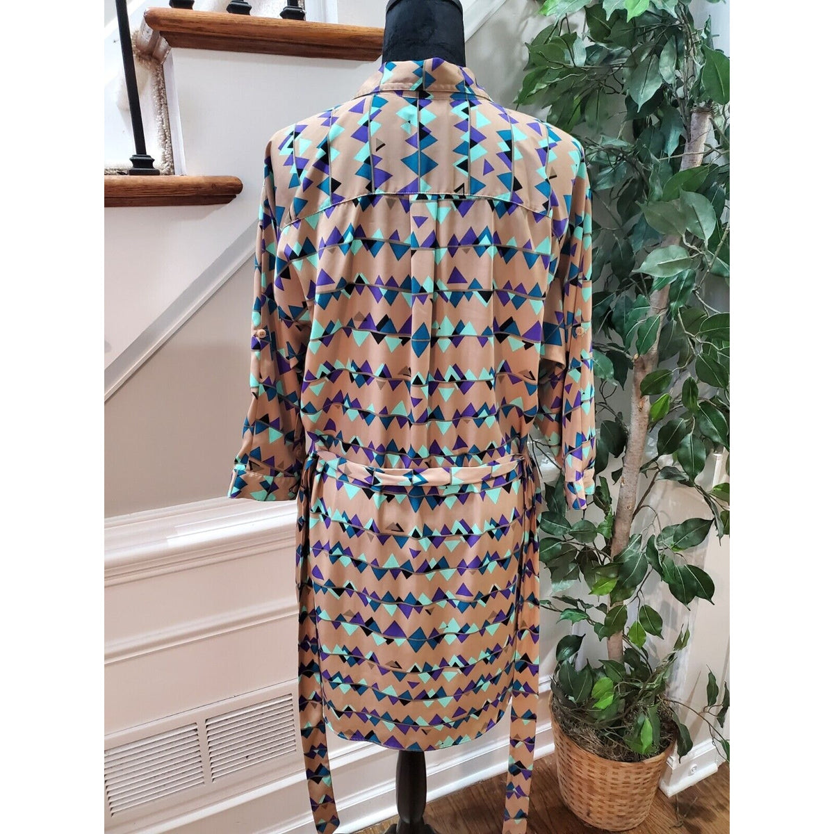 Attention Women's Multicolor Polyester Collared Long Sleeve Knee Length Dress M