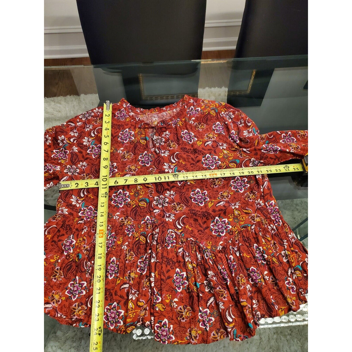 Women Brown Floral 100% Viscose Round Neck Long Sleeve Casual Top Blouse Size XL