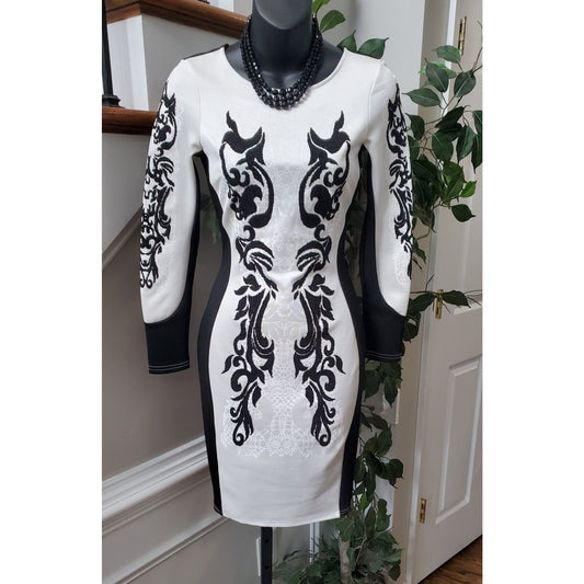 River Island Women White Black Embroidered Long Sleeve Knee Length Dress Size 6