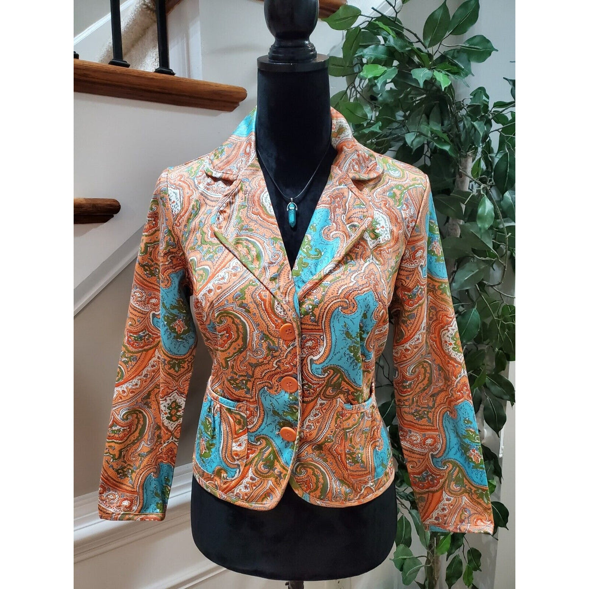 A.M.I. Women's Multicolor Paisley Cotton Single Breasted Blazer Jacket Petite M