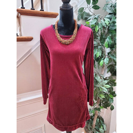 Tacera Women's Burgundy Polyester Round Neck Long Sleeve Knee Length Dress Large