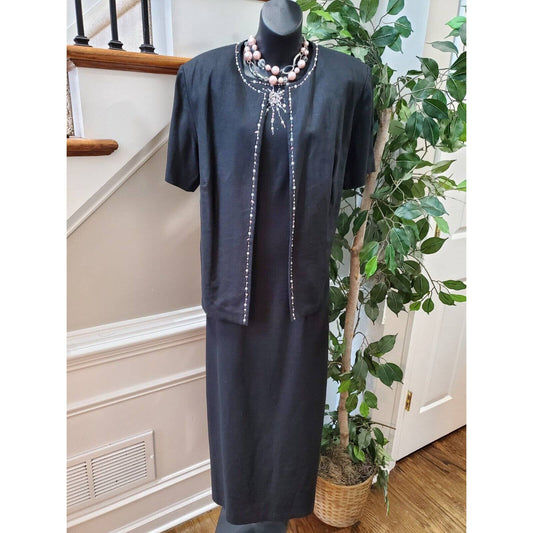 Jessica Howard Women Black Linen Half Sleeve Jacket & Dress 2 Pc's Suit Size 16