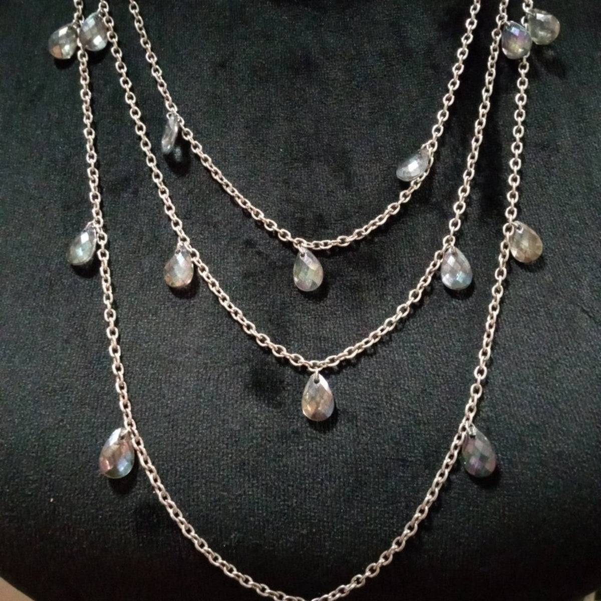 Womens Fashion Silver Tone Triple Layered Chunky Rhinestones Charm Necklace