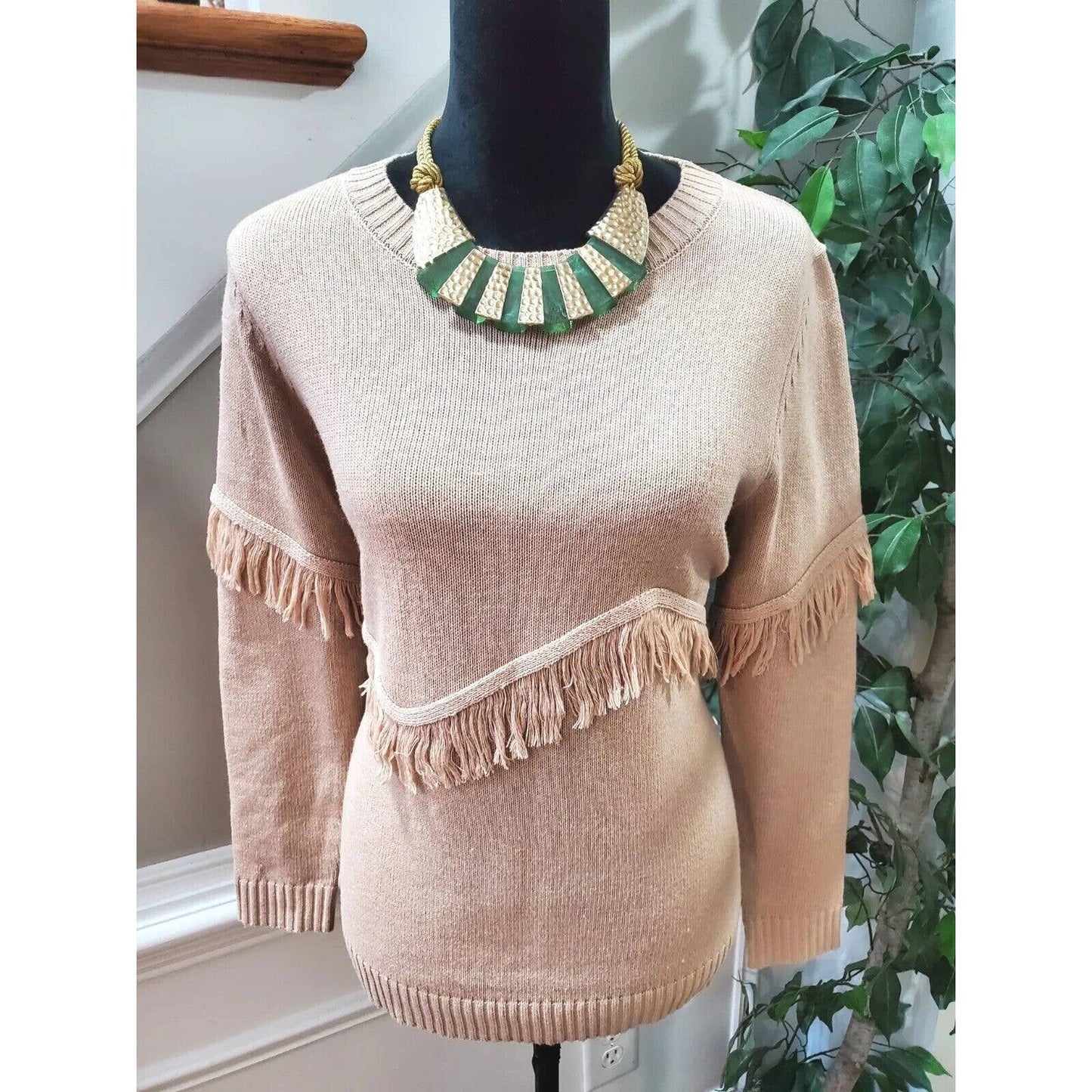 Shein Women Cream Fringe Round Neck Long Sleeve Pullover Knit Sweater Size 8/10