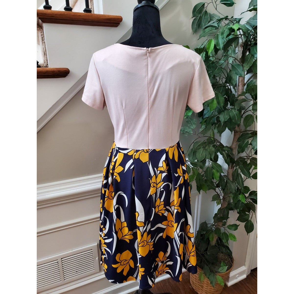 Vintage Oxiuly Blue Yellow Puffy Swing Knee Length Dress W/ Pockets Size M