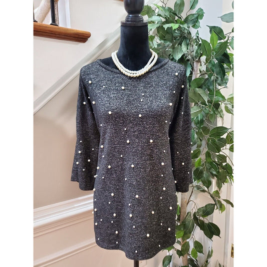Chelsea & Theodore Women's Gray Round Neck Long Sleeve Beaded Sweater Size M