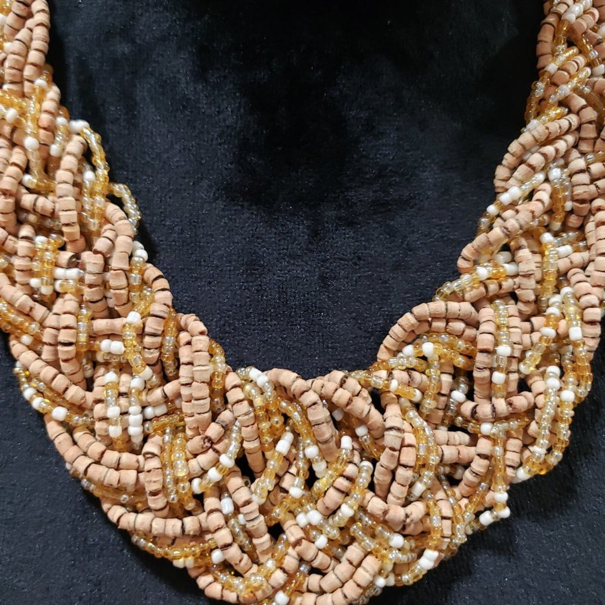 Women's Tan Peach Large Braided Seed Beads Statement Necklace