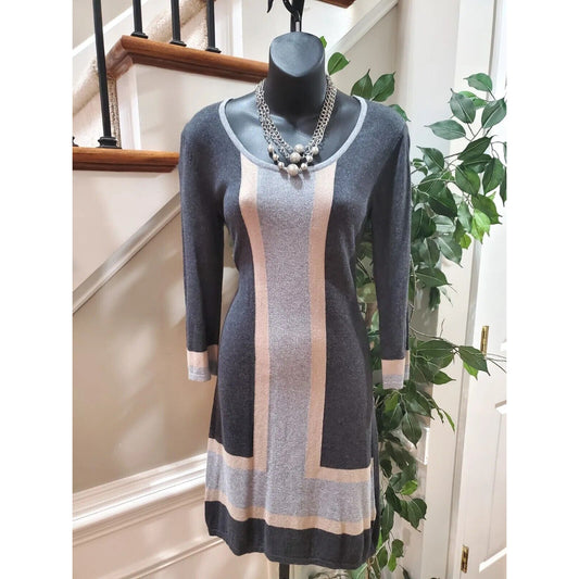 Spense Women's Gray Viscose Round Neck Long Sleeve Knee Length Dress Size Small