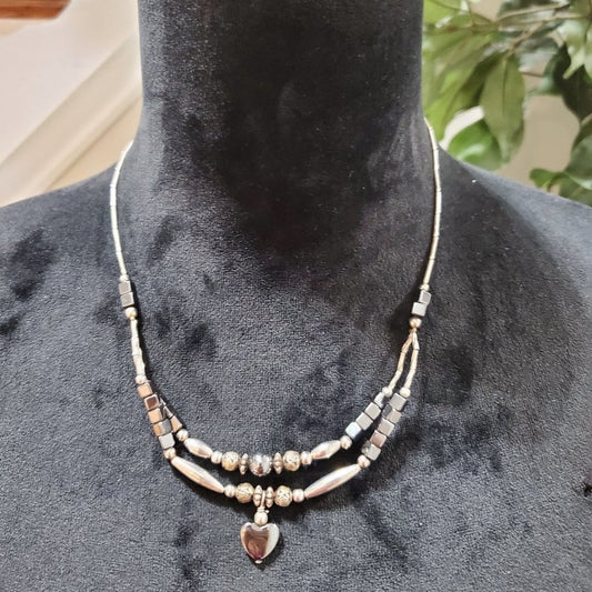 Women's Gold Tone Beaded Double Layer With Heart Shape Fashion Jewelry Necklace