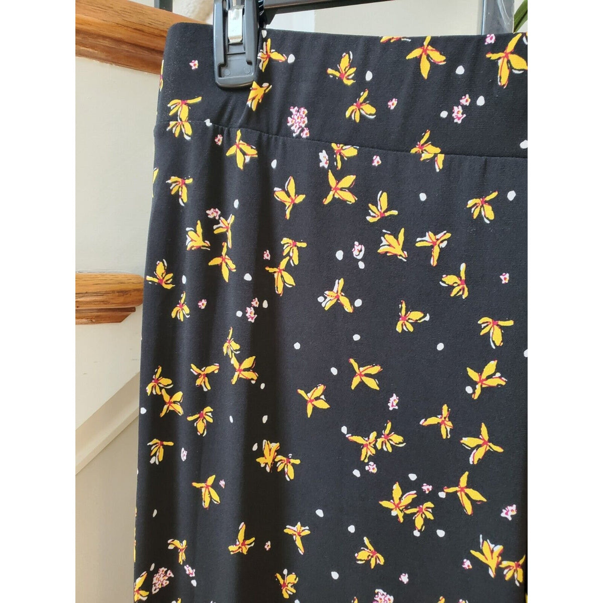 Grace Elements Womens Black Floral Polyester Casual Elastic Waist Pants Large