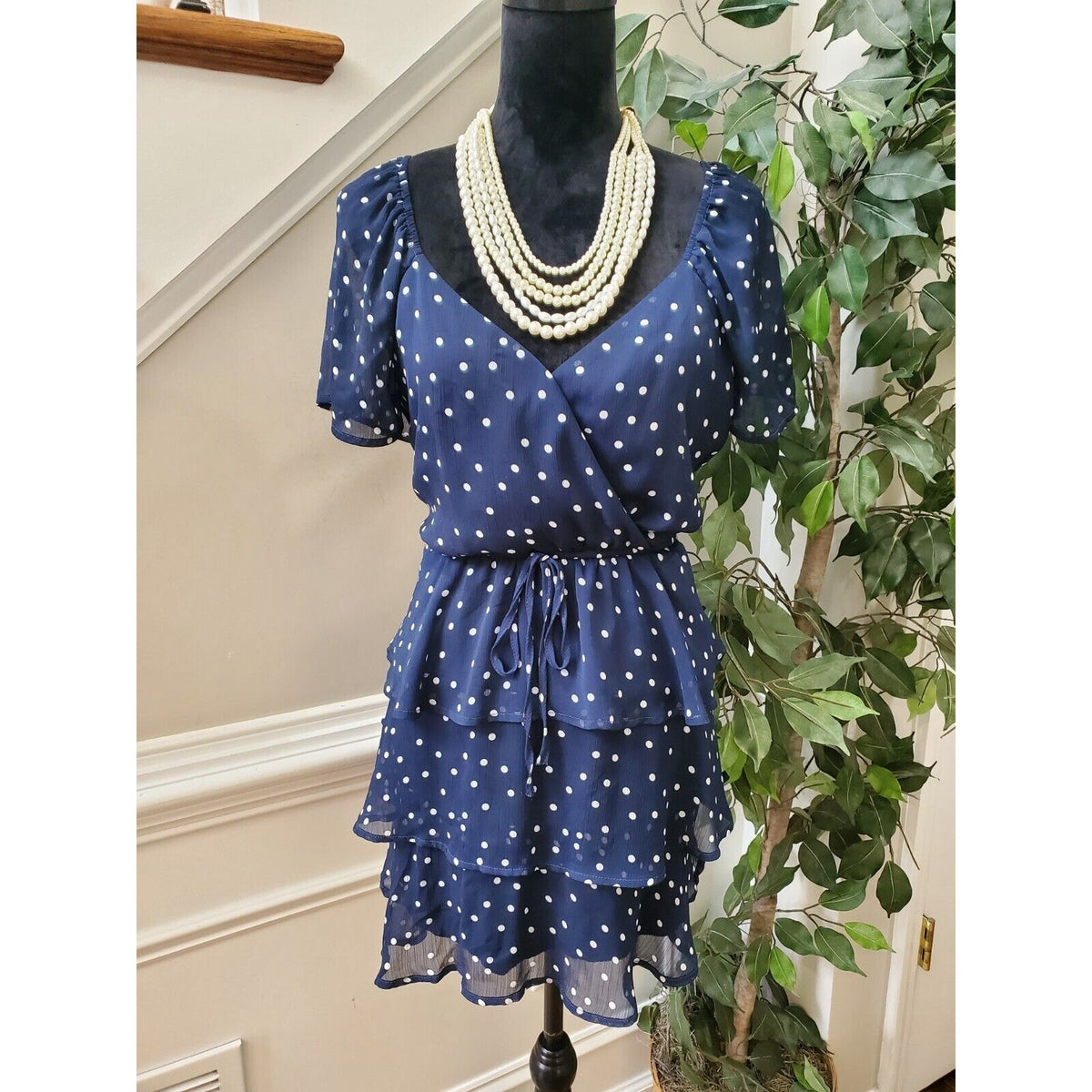 Trixxi Womens Small Polka Dot Mini Dress Navy White Flutter Sleeve Nautical L