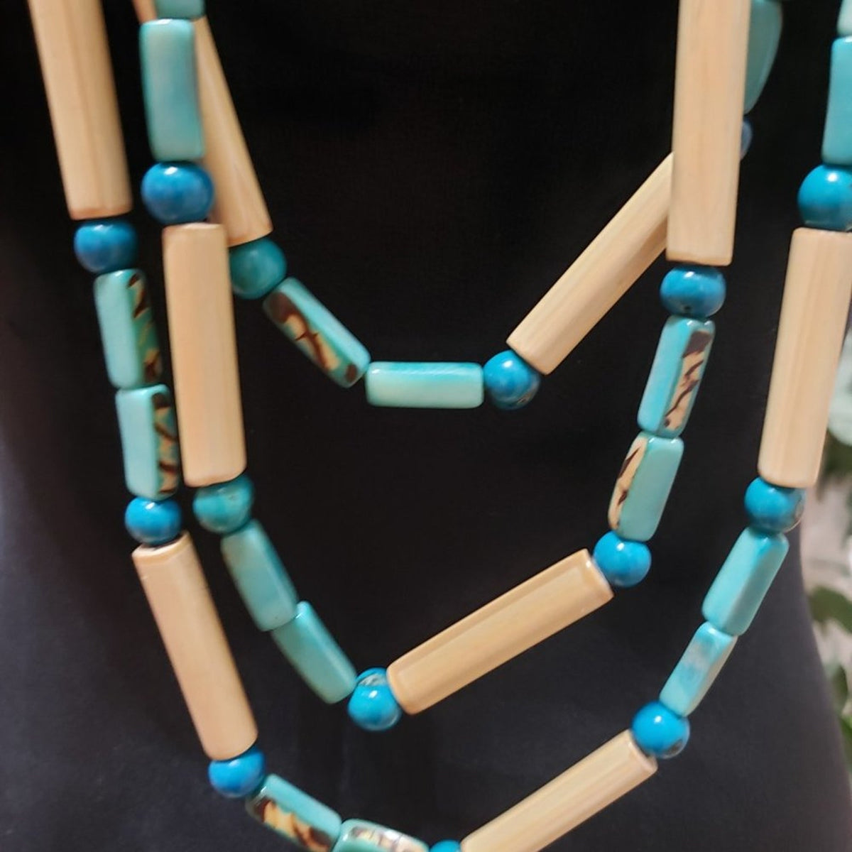 Womens Fashion Triple Strand Artificial Blue & Beige Tibetan Beaded Necklace