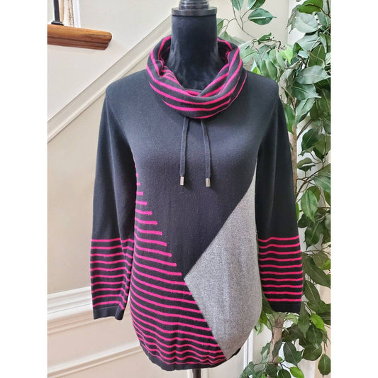 Chico's Women's Black Striped Cowl Neck Long Sleeve Pullover Sweater Size LP