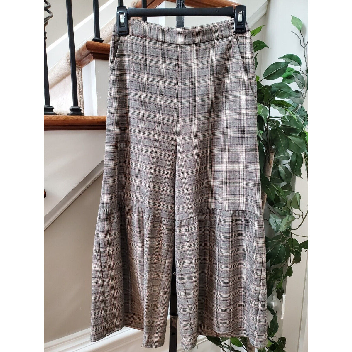 BCBG Generation Gray Plaid Polyester Elastic Waist Wide Leg Culotte Pant XS