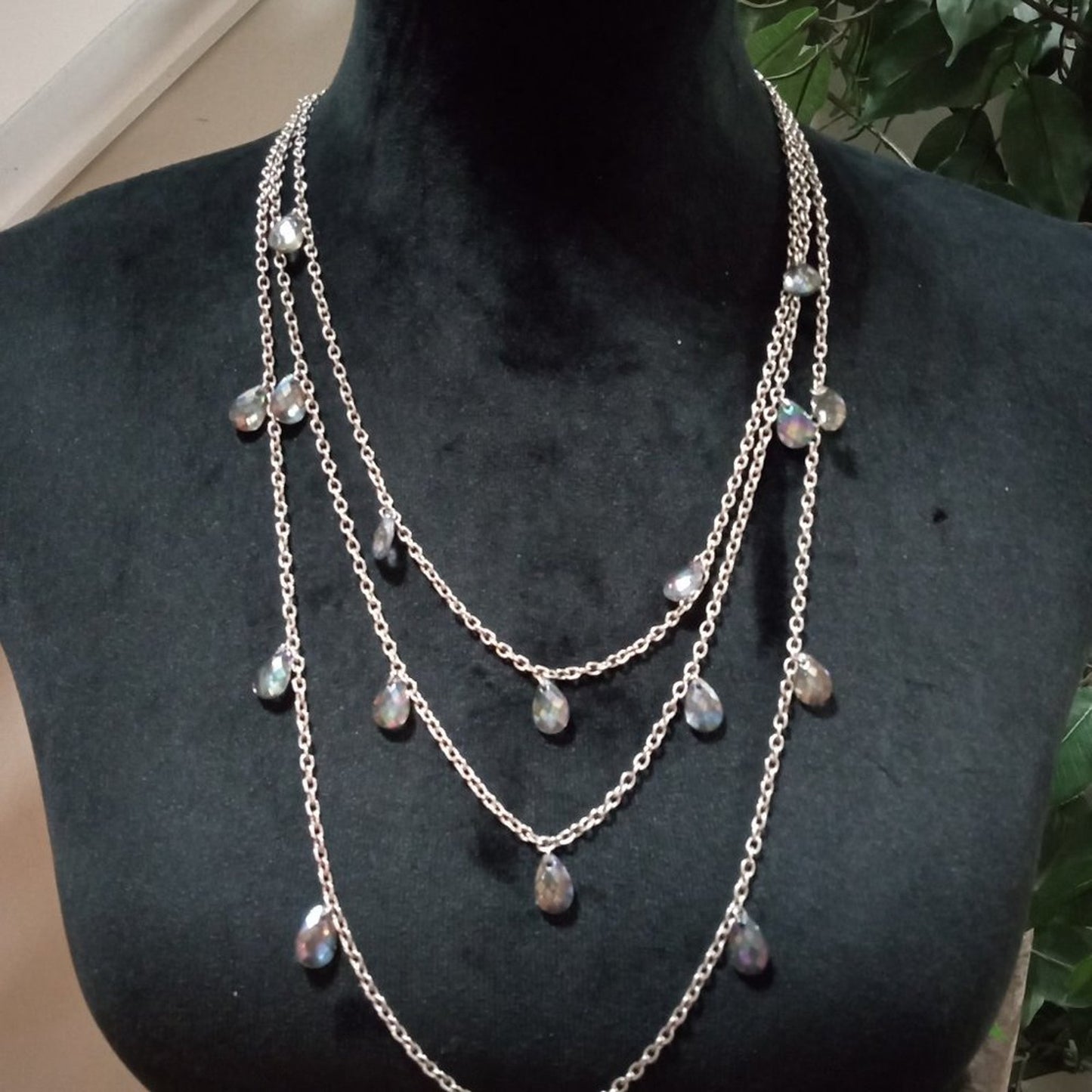 Womens Fashion Silver Tone Triple Layered Chunky Rhinestones Charm Necklace