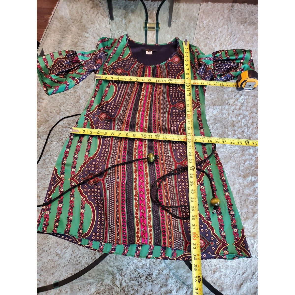 Single Dress Multicolor 100% Silk Long Sleeve Cord Waist Tie Knee Length Dress S