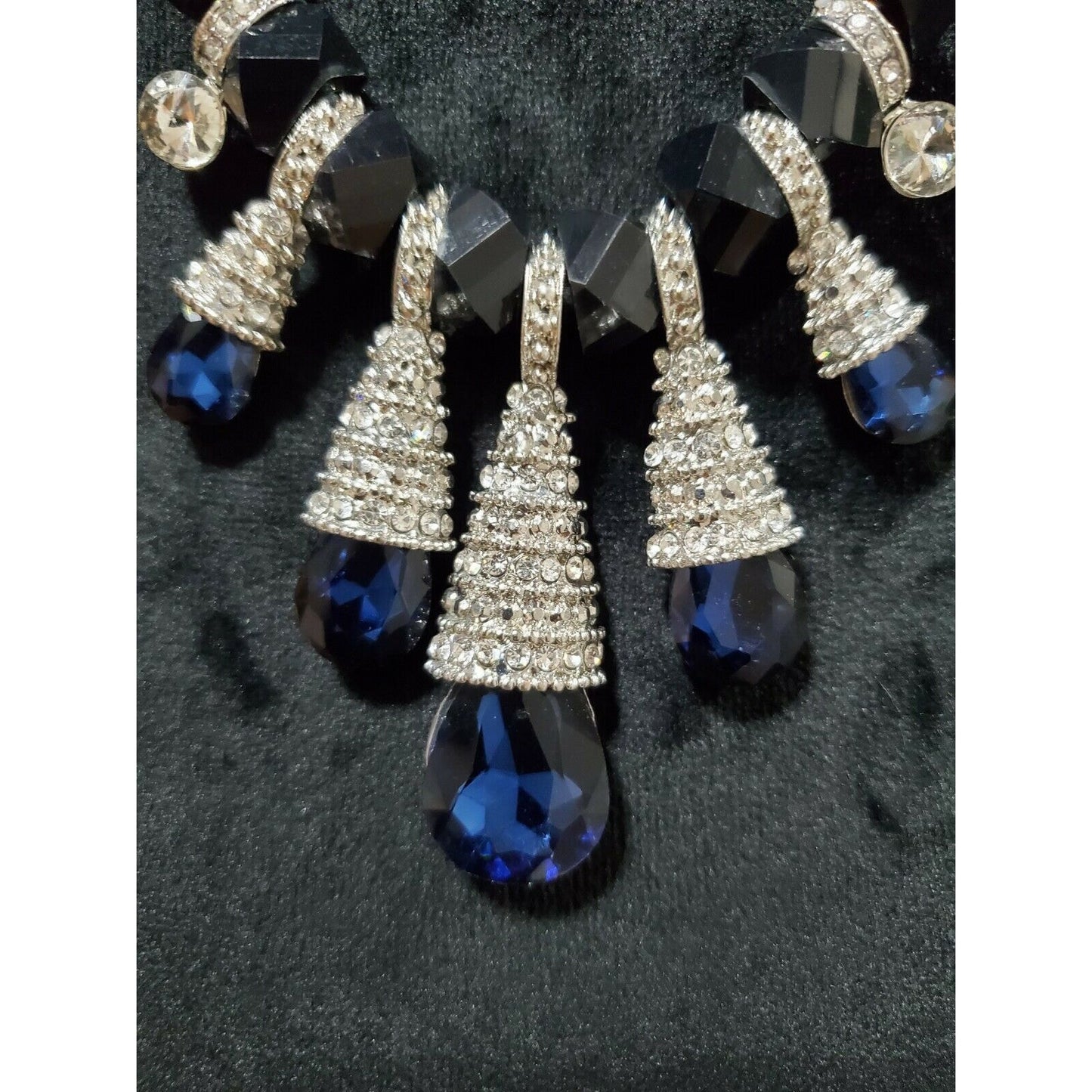 Statement Necklace w/ Sapphire Blue Crystals Black Beads & Rhinestone Accents