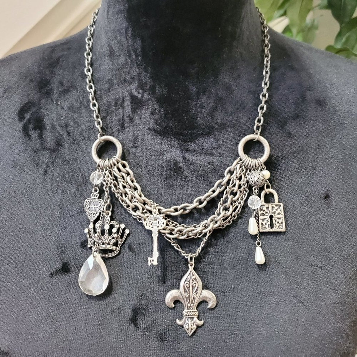 Womens Silver tone Double Strand Chain Jewelry Charm Necklace